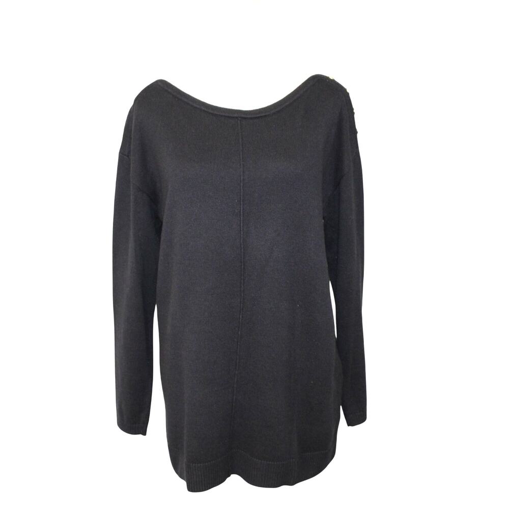 Talbots Womens Button Shoulder Sweater Tunic Length Side vents Navy Blue Size L